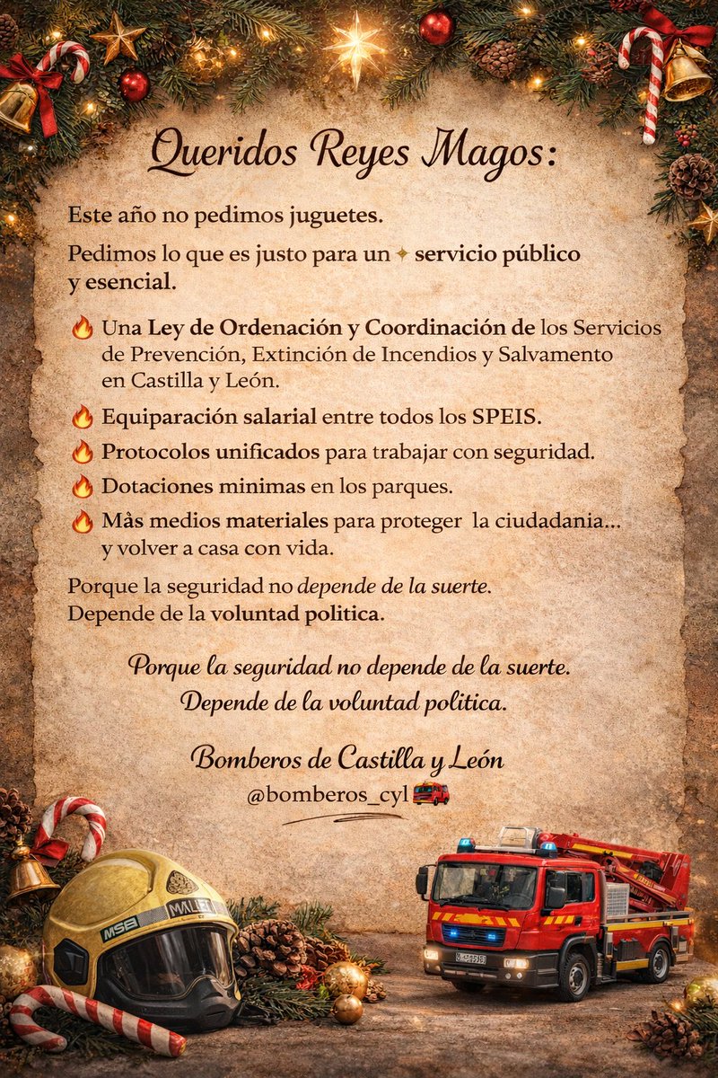 🎁🚒 Antes de que lleguen los Reyes Magos, queremos dejarles clara nuestra carta en Castilla y León.
#bomberos #bomberoscyl #castillayleon #serviciopublico