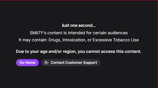 gaming_seed's tweet photo. hey @SMii7Y your twitch channel has been flagged in some countries after the side effects stream, it won't even show the channel even if i searched for it unless i use a vpn in another country that gives access to adult content, i hope you look into it https://t.co/5F5teGufgX