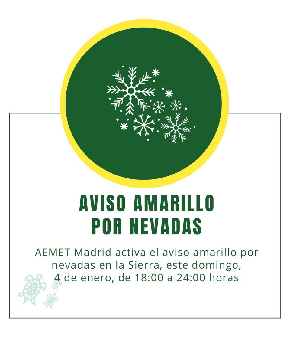 ⚠️ Aviso amarillo por nieve ⚠️

Según informa <a href="/AEMET_Madrid/">AEMET_Madrid</a>, se activa aviso amarillo por nevadas en la zona de la Sierra mañana día 4, entre las 18:00 y las 24:00 h.

❄️ La cota de nieve se sitúa en torno a los 900 metros, pudiendo descender a cualquier altitud al final del día.