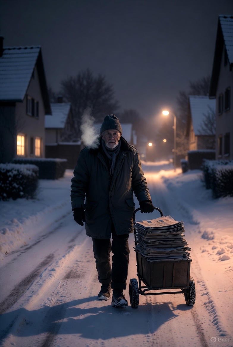 Stuttgart. 03:00 morgens. - 6 grad. Ein Rentner zieht eine kleine Karre mit Zeitungen. Er verteilt sie von Haus zu Haus. Das ist Deutschland 2026.