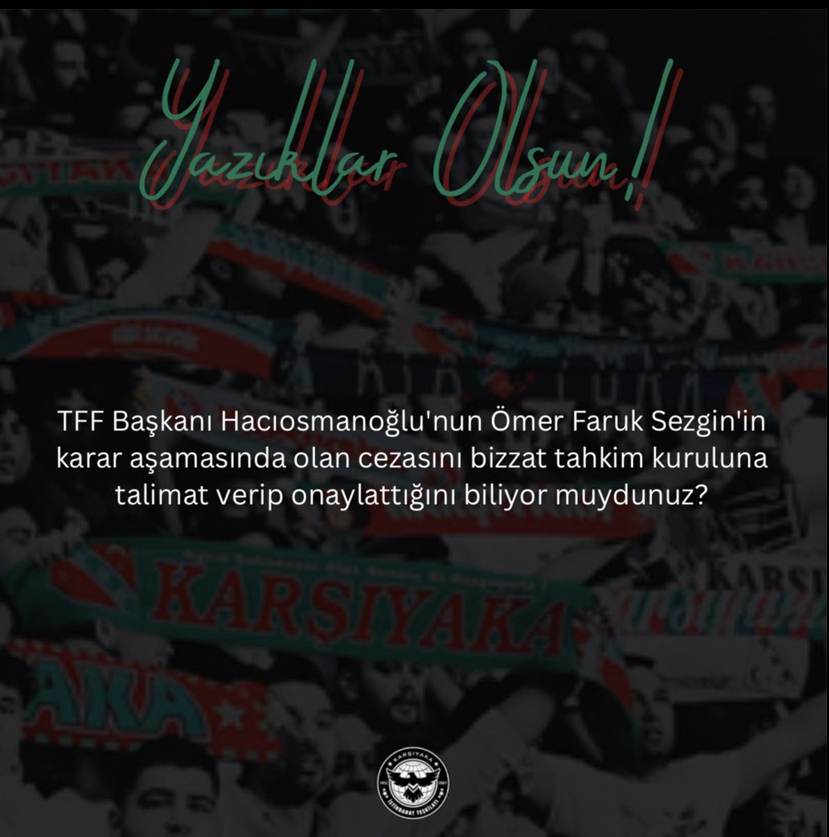 KAMUOYUNA AÇIK SORU VE TEPKİDİR

Son günlerde kamuoyuna yansıyan iddialar Türk futbolu adına kaygı verici bir noktaya gelindiğini göstermektedir.

Sosyal medyada ortaya çıkan yayınlar ve kulis bilgilerine göre;
TFF Başkanı İbrahim Ethem Hacıosmanoğlu, Ömer Faruk Sezgin hakkında