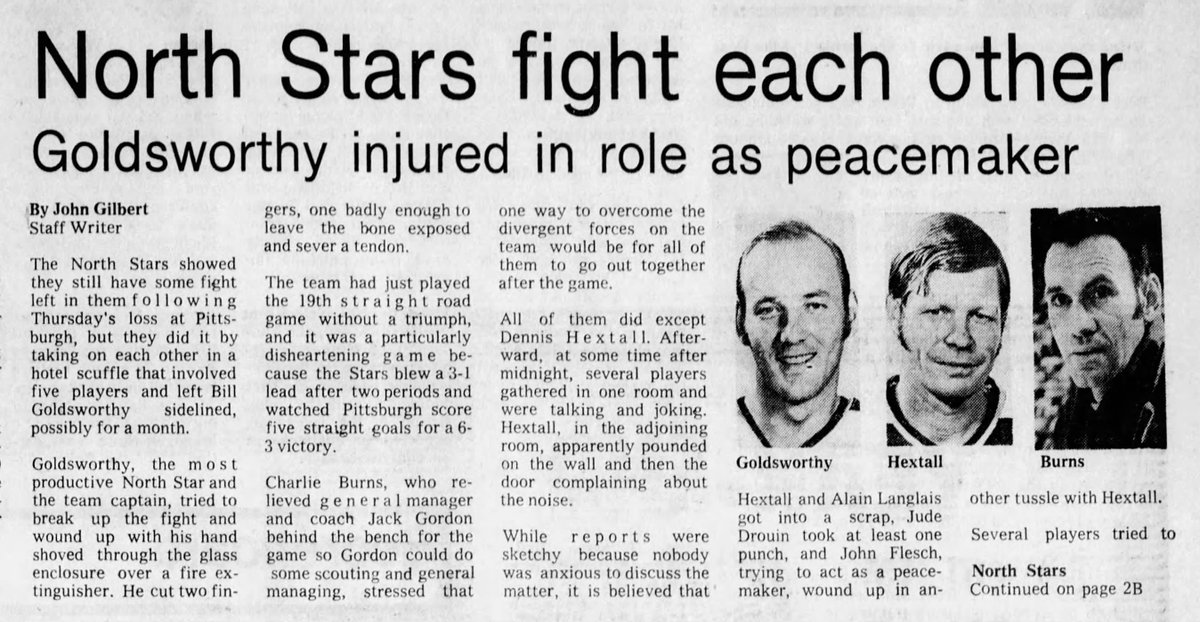 Also #OTD in #Minnesota Sports History (1975) Several North Stars players are involved in a late-night scuffle at the team hotel that left Bill Goldsworthy with a severely cut finger from trying to break it up. #NHL #MnWild newspapers.com/clip/115672320/
