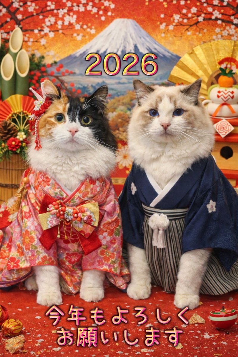 今年もよろしくお願いします🐱🩷🧡

 #猫
 #猫のいる暮らし 
 #ノルウェージャンフォレストキャット 
 #ラグドール 
 #あんみつ 
 #ぱふぇ