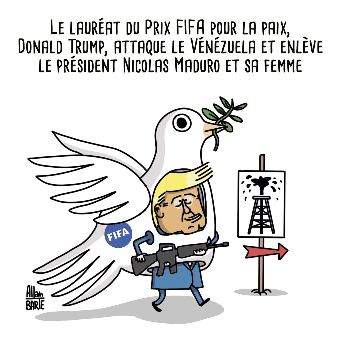 AllanBARTE's tweet image. 2026 dans la droite ligne de 2025 : "le droit international ? Ah ah ah ah ah ah !"

Le lauréat du Prix FIFA pour la paix, Donald Trump, attaque le Venezuela et enlève le président Nicolás Maduro et sa femme.