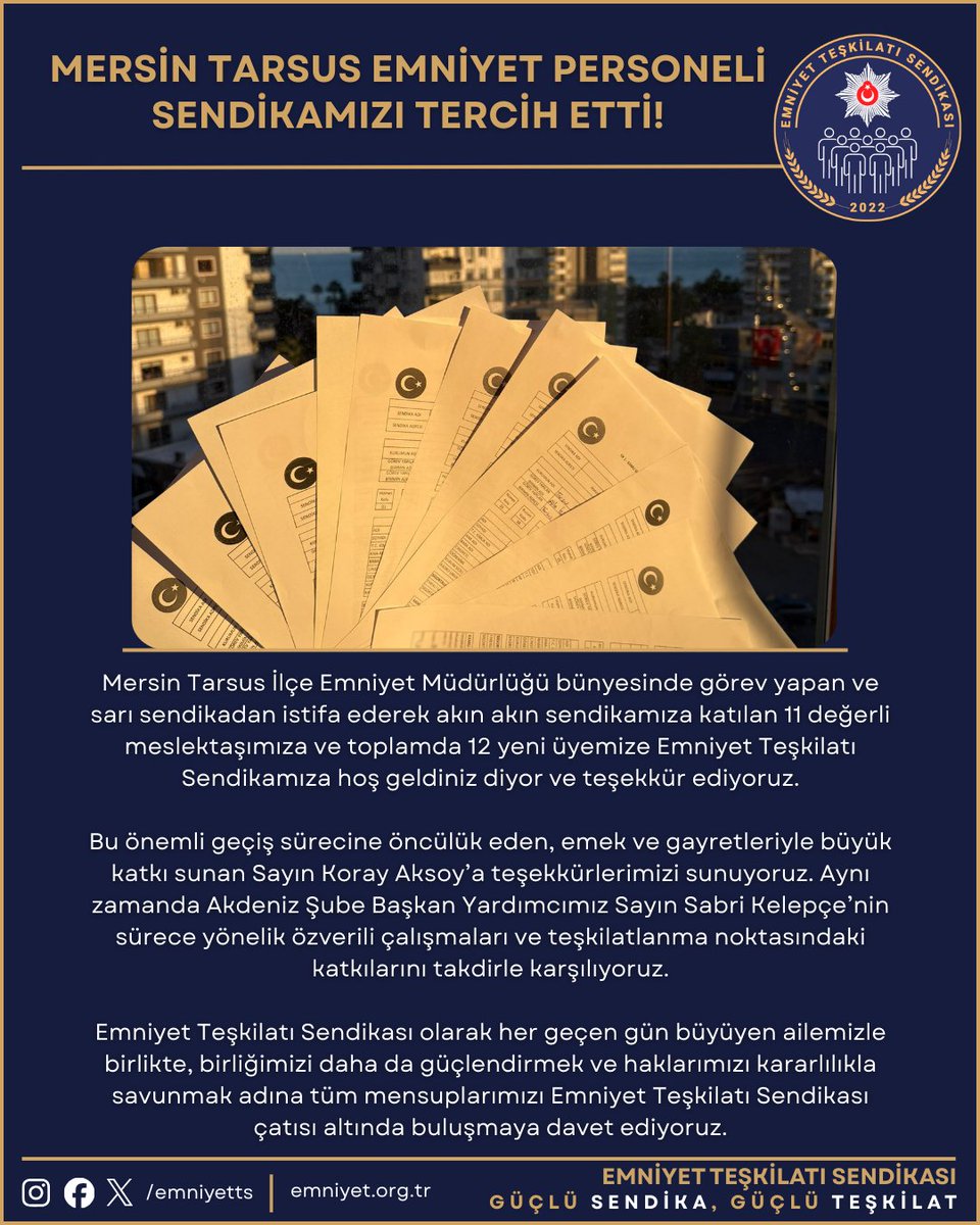 Mersin Tarsus Emniyet Personeli Sendikamızı Tercih Etti!

Mersin Tarsus İlçe Emniyet Müdürlüğü bünyesinde görev yapan ve sarı sendikadan istifa ederek akın akın sendikamıza katılan 11 değerli meslektaşımıza ve toplamda 12 yeni üyemize Emniyet Teşkilatı Sendikamıza hoş geldiniz