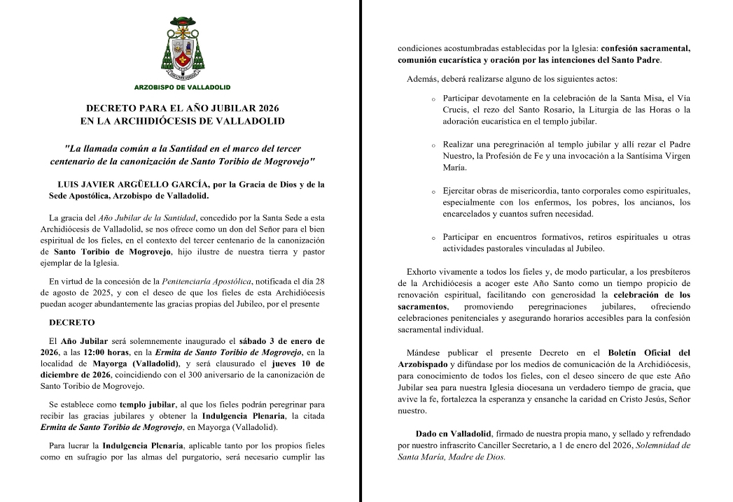 ✍️ "Exhorto vivamente a todos los fieles": este es el Decreto firmado por el Arzobispo de #Valladolid, <a href="/MonsArguello/">Mons. Luis Argüello</a>, con motivo del Año Jubilar de la Santidad y que se ha leído públicamente en Mayorga este 3 de enero durante su apertura

📲 Más info, en archivalladolid.org