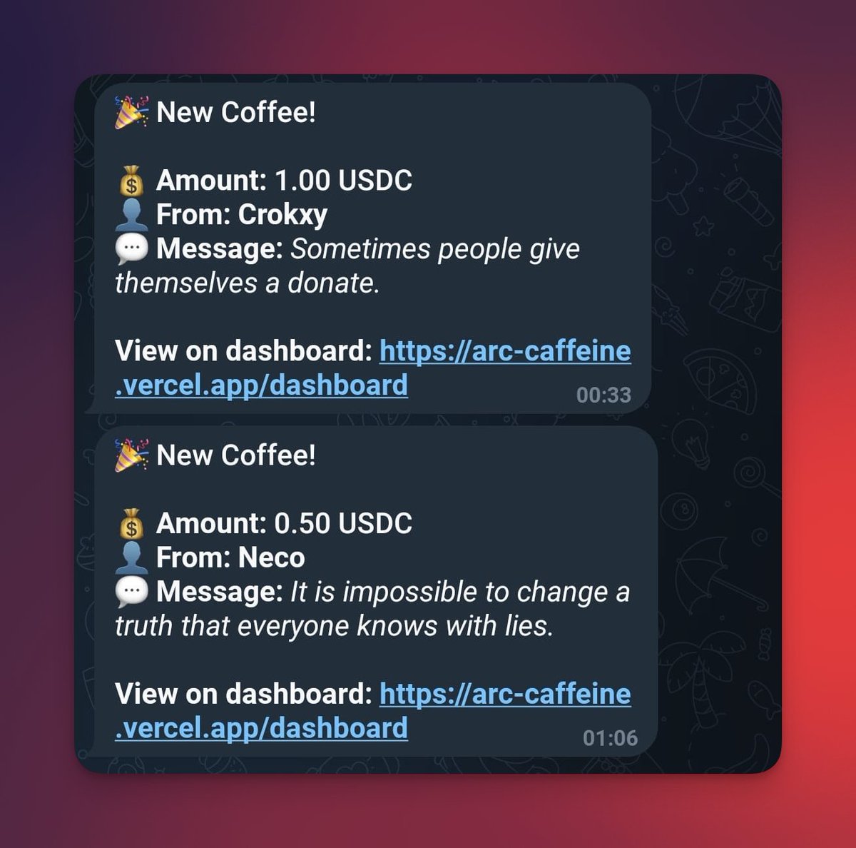 Been a bit quiet on the ArcCaffeine updates lately, but I've been shipping behind the scenes! ☕️

tl;dr ArcCaffeine is a blockchain "Buy Me a Coffee" dApp on Arc Network

arccaffeine.xyz

New updates:
 - ✨Redesigned UI
 - 🔔Telegram notifications - get instant alerts
