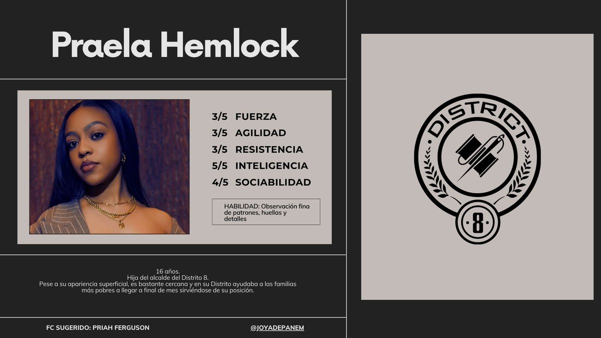 JOYADEPANEM's tweet image. Tributo femenino del Distrito 8 
Praela Hemlock (Priah Ferguson)