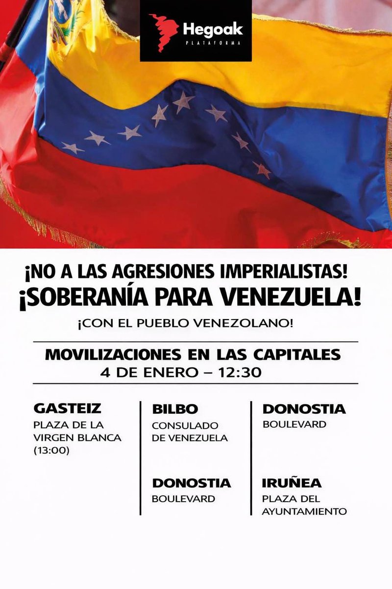 📢 Todos y todas a las calles contra el golpe de Estado en Venezuela 🇻🇪 Mañana domingo, a las 16:30 horas, en la plaza del Ayuntamiento de Iruñea.
👉Contra el fascismo, contra las guerras imperialistas
👉Con el pueblo, con su Gobierno legítimo y con su revolución bolivariana ✊