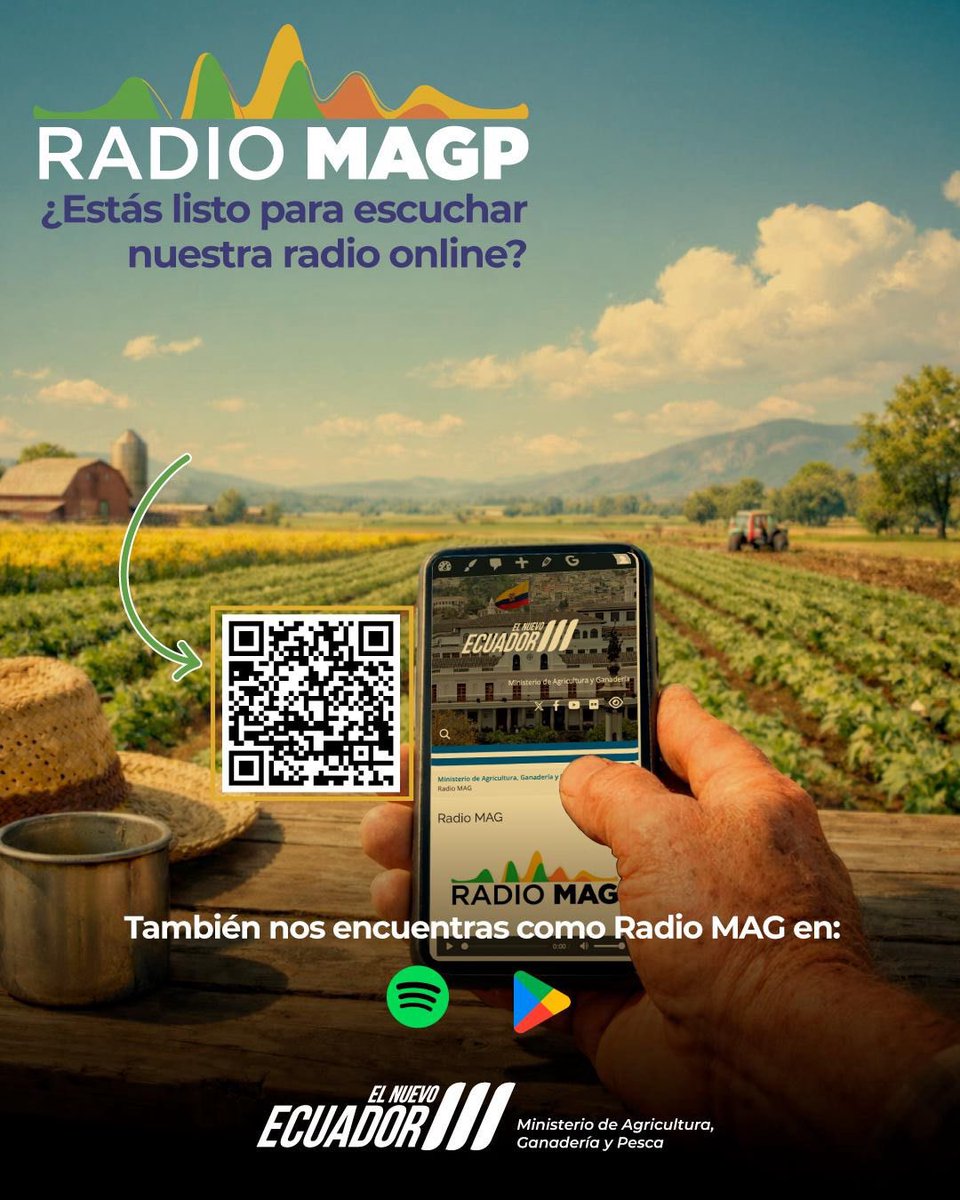 AgriculturaEc's tweet photo. Súmate a nuestra radio online y mantente informado.
👉🏻 Escaneá el código QR y escucha nuestra programación #RadioMagp

#ElNuevoEcuador https://t.co/bFQJAcPm9K