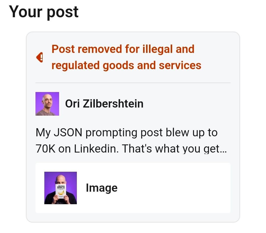 OriSilver's tweet image. A sign your post was too successful. 

Haters mass reported it  with flase claims, so it was down for a few hours.. 

DW Linkedin got it back up very quickly after I appealed.