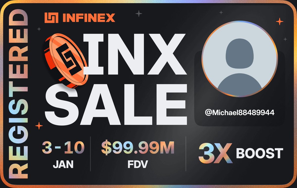 Michael88489944's tweet photo. I'm registered for the @infinex sale - $99.99M FDV, 3-10 Jan, 2026 https://t.co/yW2vMHwfFT