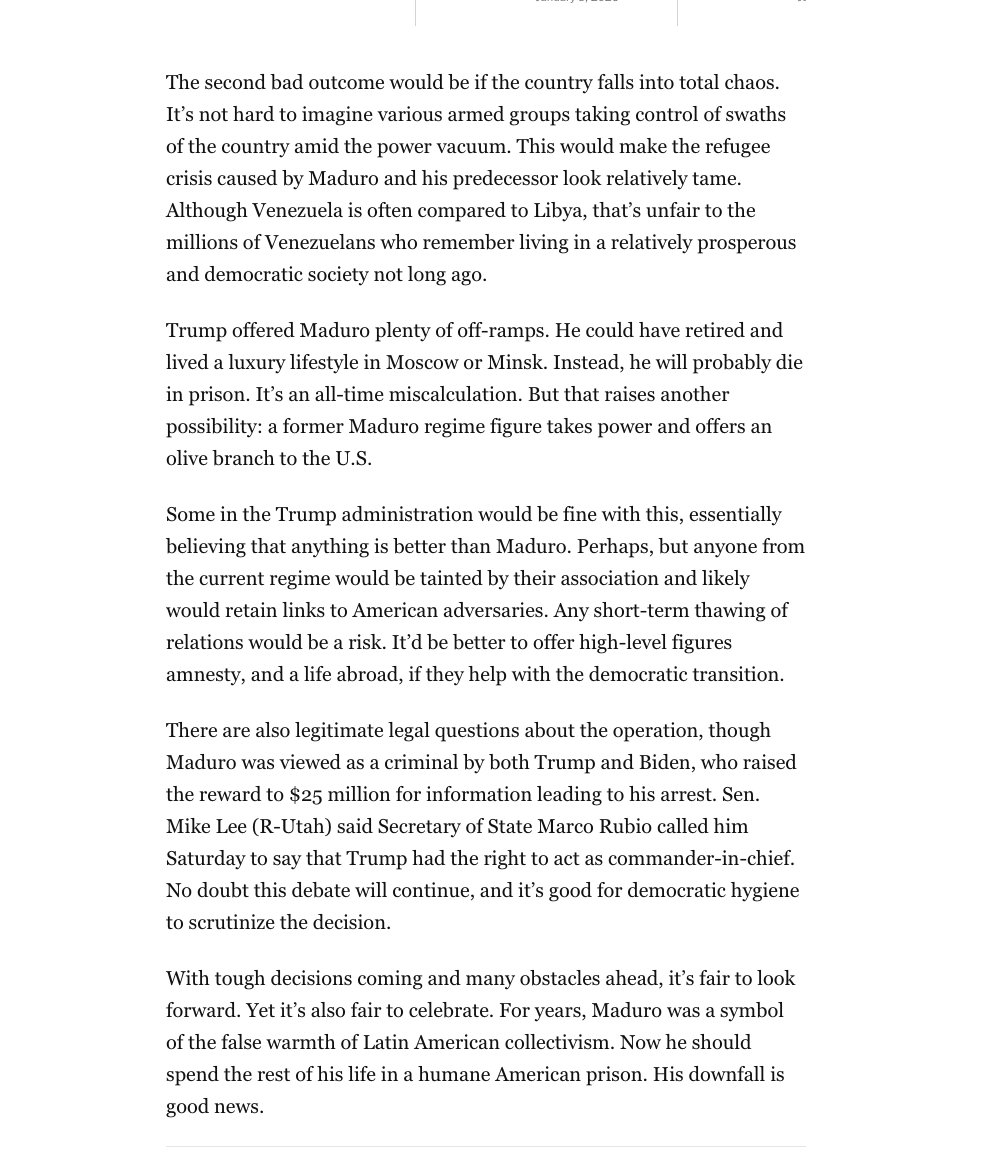 The Washington Post editorial board comes out in favor of the Venezuela attack/operation to capture Maduro