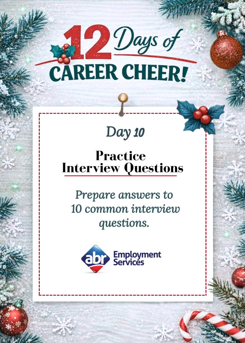 ABRjobs's tweet image. 🎀On the tenth day of Career Cheer 
⭐Practice 10 common interview questions.

Prepare clear, confident answers for the most common interview questions. 
➡️View them here: ow.ly/hE4T50XNqe0

 #InterviewQuestions