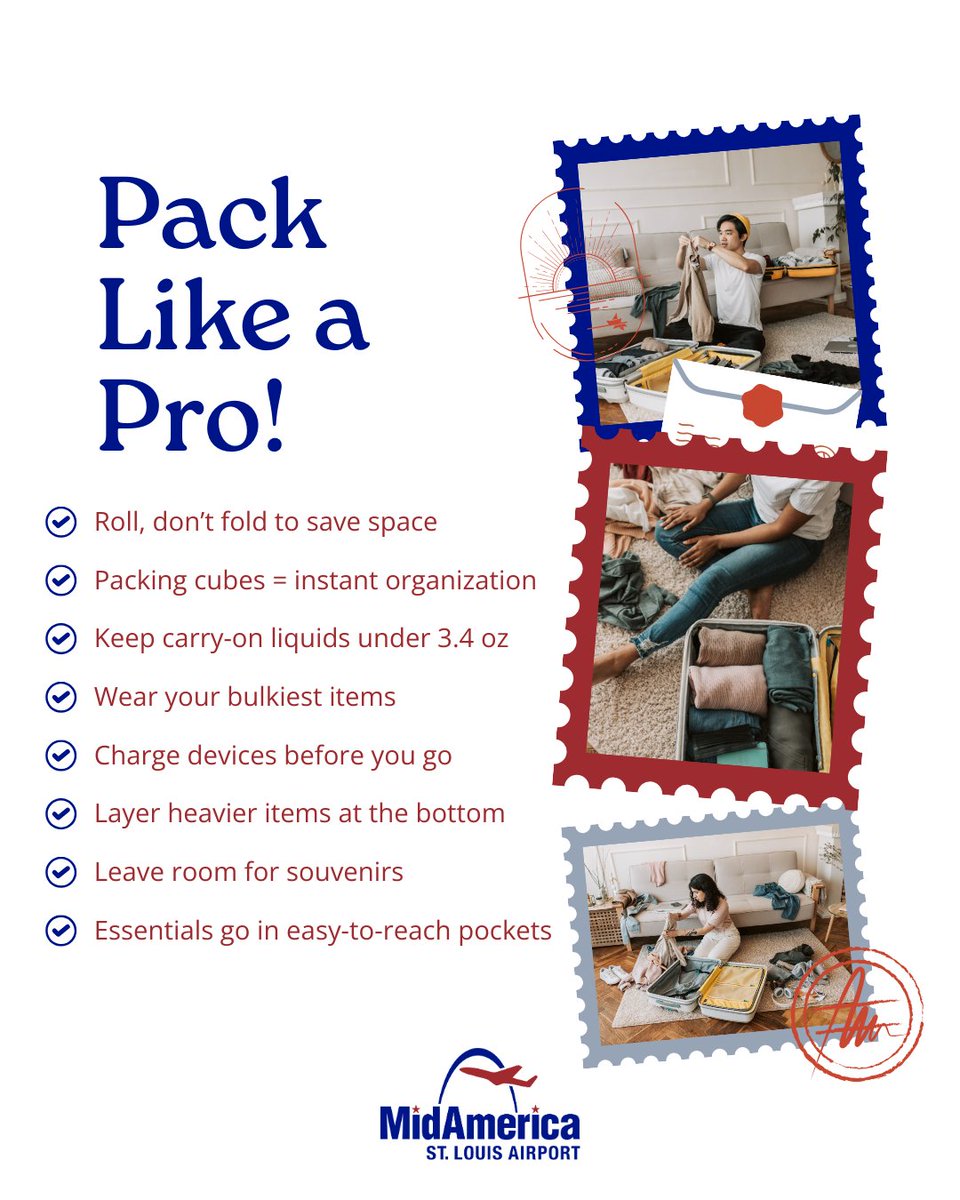 BLVairport's tweet image. Packing doesn’t have to be stressful ✈️ Whether you load up your carry-on or check a bag, these simple tips will help keep your trip organized from takeoff to touchdown. Get more packing tips here: ow.ly/M7om50XQrPA.
#PackingTip #FlyBLV