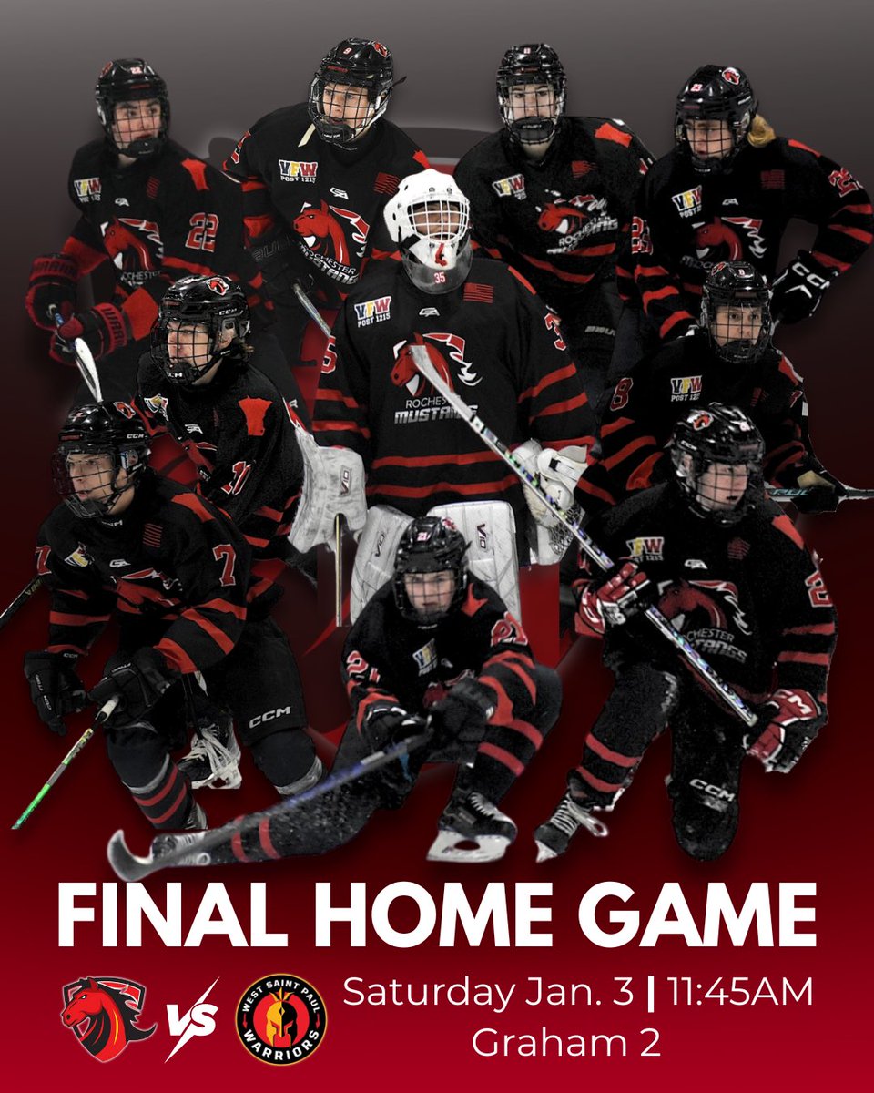 It the final Youth Hockey game for our 2nd year Bantams!

Come cheer them on as we take on fellow D8 opponent, West St Paul. 

<a href="/RochYouthHockey/">Rochester MN Youth Hockey</a> <a href="/vfw1215/">VFW1215</a> 

#etsfam
