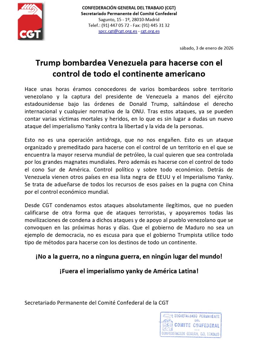 VENEZUELA | "Desde <a href="/CGT/">CGT</a> condenamos estos ataques absolutamente ilegítimos, que no pueden calificarse de otra forma que de ataques terroristas, y apoyaremos todas las movilizaciones de condena a dichos ataques y de apoyo al pueblo venezolano"

🗓 4E
🕛 12h
📌 Embajada EEUU #Madrid