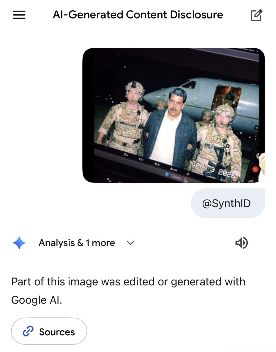 Para comprobar si las imágenes que circulan de Maduro fueron hechas con Nano Banana solo hay que subirlas a Gemini y escribir @ SynthID. Detecta las marcas de agua aunque luego alguien haya hecho una foto de la foto