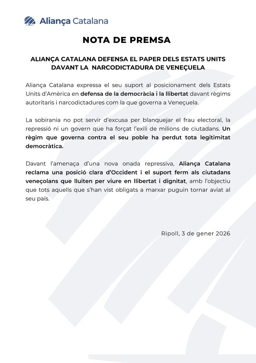 CatalunyaAC's tweet image. Aliança Catalana sobre els fets d’avui a Veneçuela.