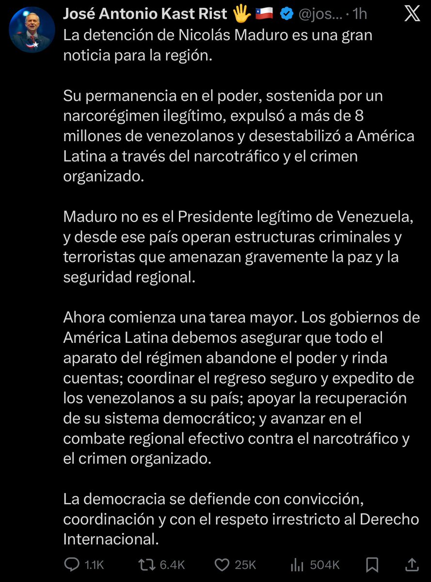 Os Presidentes da Argentina, Paraguai e o eleito do Chile já declararam apoio à operação dos EUA em Caracas 👏

🇦🇷 <a href="/JMilei/">Javier Milei</a> 
🇵🇾 <a href="/SantiPenap/">Santiago Peña</a> 
🇨🇱 <a href="/joseantoniokast/">José Antonio Kast Rist 🖐️🇨🇱</a>