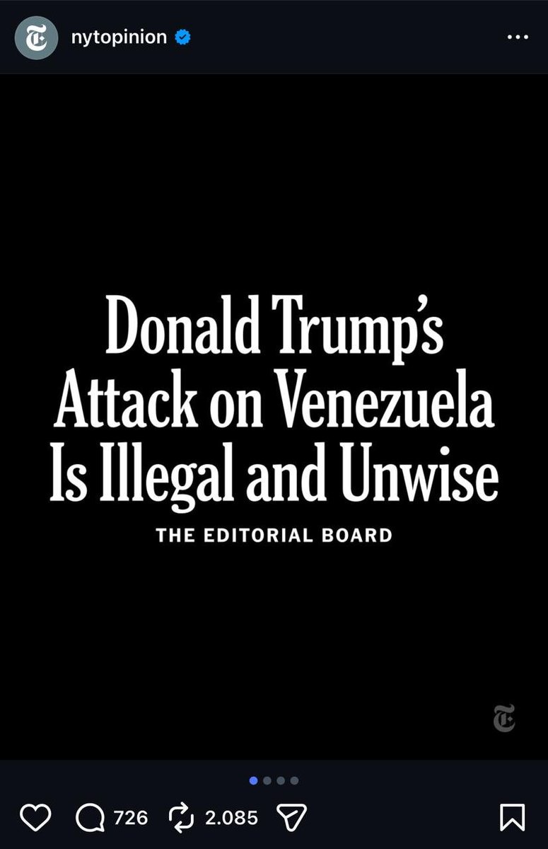 somoscorta's tweet image. "El ataque de Donald Trump a Venezuela es ilegal e insensato"

El consejo editorial del New York Times denunció que el presidente de Estados Unidos empuja al país a "una crisis internacional sin razones válidas" y dijo que las acciones del mandatario violan la ley.
