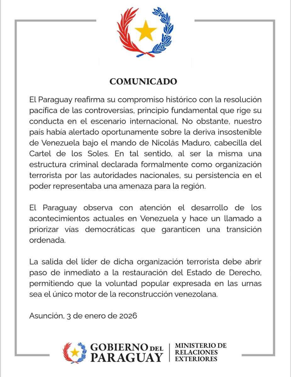AllianaPedro's tweet photo. Paraguay siempre estará del lado de la libertad y la justicia. El comunicado de nuestro Gobierno es claro.
Nuestra solidaridad con el pueblo venezolano en este camino hacia la recuperación de su democracia. https://t.co/sbsfduqp5l