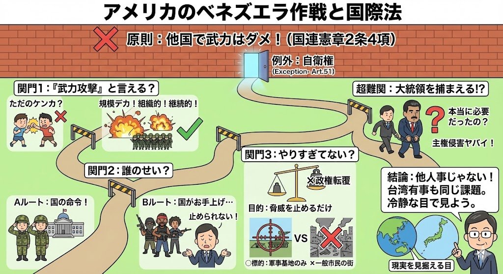 ynaitosetagaya's tweet image. 2026年1月3日、米軍によるベネズエラ作戦とマドゥロ大統領の拘束という衝撃的な事態。
今、問われているのは「この軍事作戦を、米国はどう国際法上で正当化できるのか？」という点です。

元官僚としての視点で、複雑な法理を極限までかみ砕いて整理してみたいと思います。…