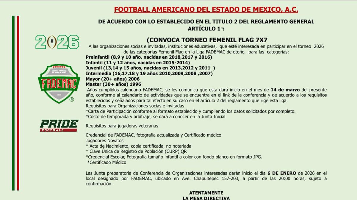 FADEMAC convoca a todos los equipos socios e invitados a su torneo de la CONFERENCIA TOCHO 7vs7 FEMENIL 

INICIO DE JUNTAS
6 DE ENERO en las instalaciones de la liga