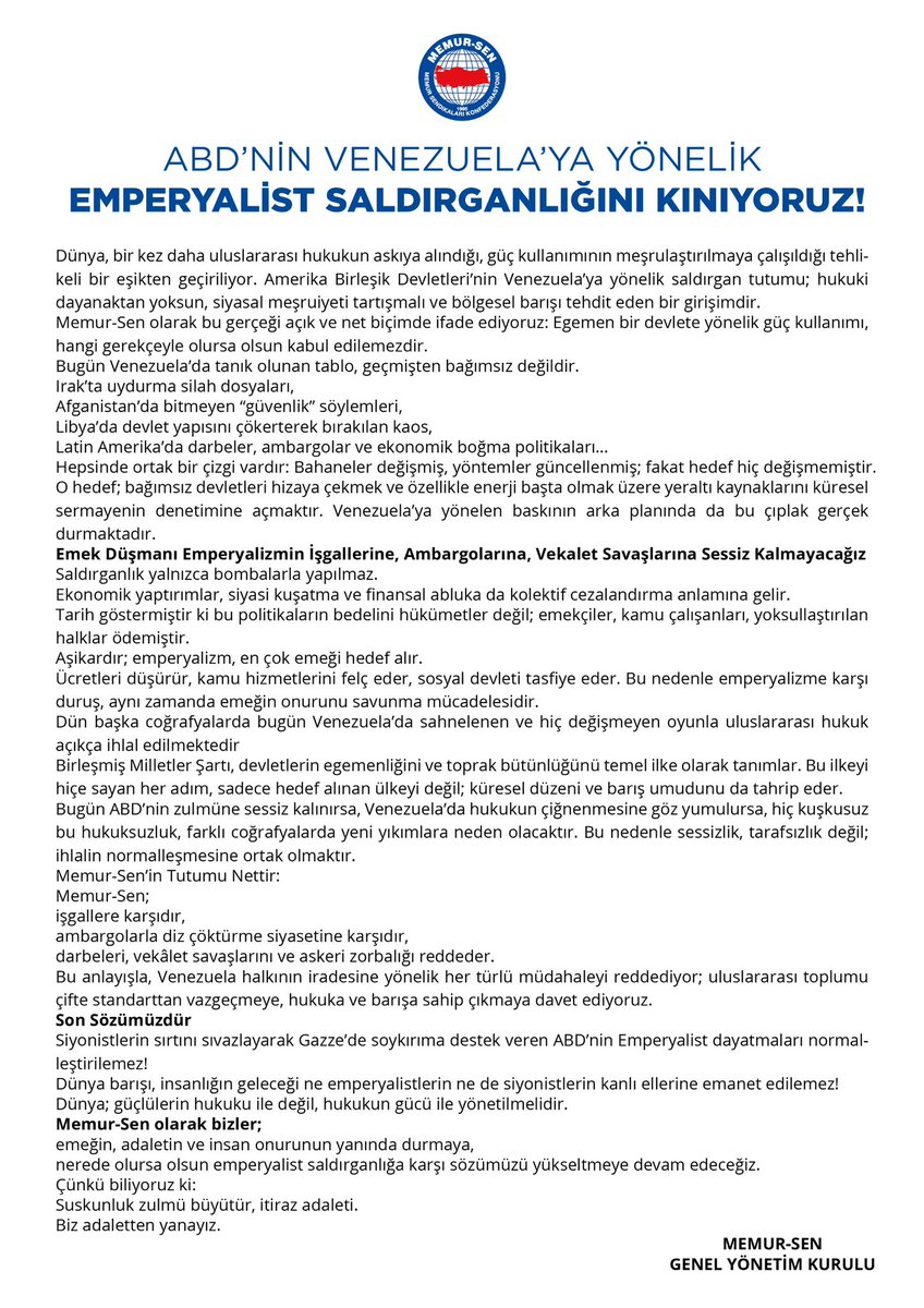 ABD’NİN VENEZUELA’YA YÖNELİK EMPERYALİST SALDIRGANLIĞINI KINIYORUZ!

Bugün #Venezuela’da tanık olunan tablo, geçmişten bağımsız değildir.
▫️Irak’ta uydurma silah dosyaları,
Afganistan’da bitmeyen “güvenlik” söylemleri,
▫️Libya’da devlet yapısını çökerterek bırakılan kaos,
▫️Latin