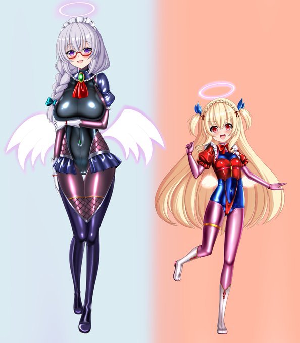 オリジナル魔法天使ちゃんその9,10人目です! 今回のコンセプトは対魔忍風メイドとロリお嬢様スク水衣装風です 最初親子設定のキャラにしようと思ったけど、この形に収まりました! 集合絵も置いておきます!