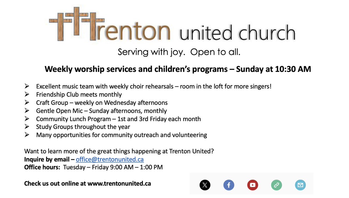 At Trenton United, we follow Christ in building a community where God’s love is made real through welcome, justice and joy.  Rooted in the Spirit, we gather across generations to worship with creativity, grow in faith and serve our neighbours with compassion.
