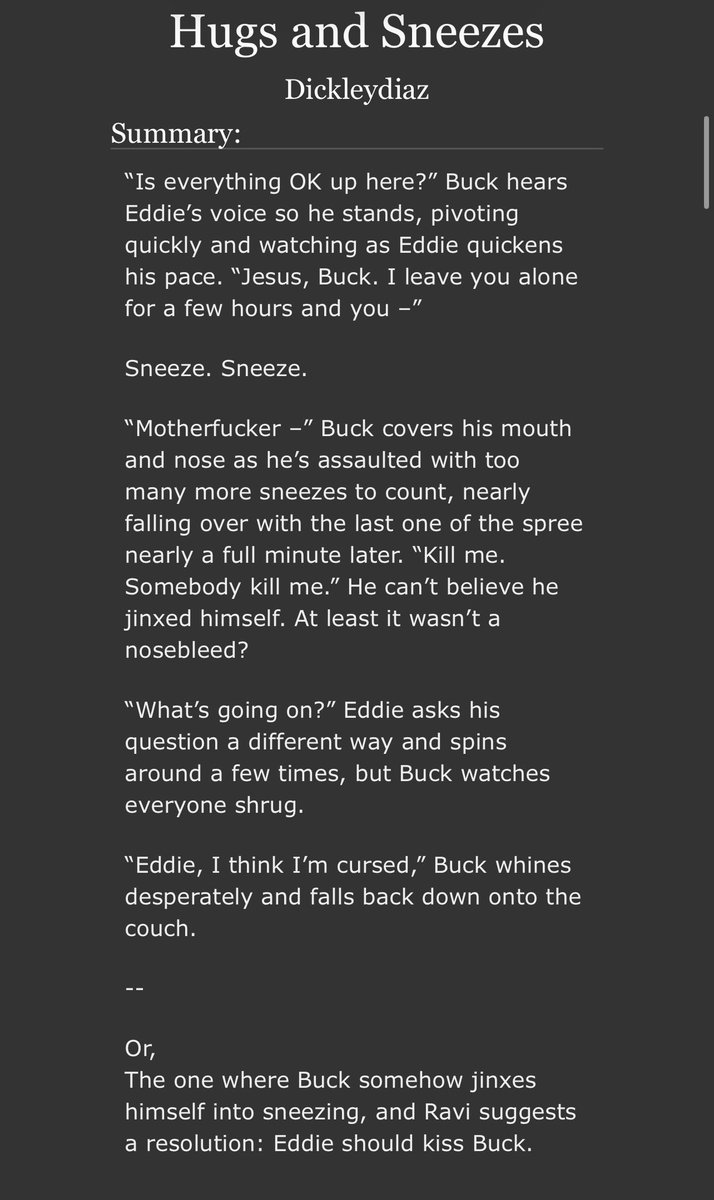 dickleydiaz's tweet image. 💋 Hugs and Sneezes
💋 Oneshot
💋 Completed

🌟 Teen+
🌟 No Trigger Warnings
🌟 Fluff and humor
🌟 Curses
🌟 First Kiss
🌟 Allergies are a bitch

🌟 2,781 words

archiveofourown.org/works/76981631

Inspired by x.com/rizcriz/status…