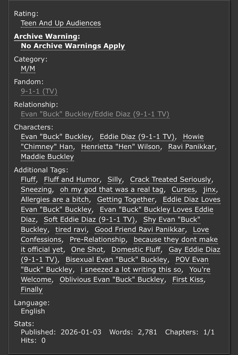 dickleydiaz's tweet image. 💋 Hugs and Sneezes
💋 Oneshot
💋 Completed

🌟 Teen+
🌟 No Trigger Warnings
🌟 Fluff and humor
🌟 Curses
🌟 First Kiss
🌟 Allergies are a bitch

🌟 2,781 words

archiveofourown.org/works/76981631

Inspired by x.com/rizcriz/status…