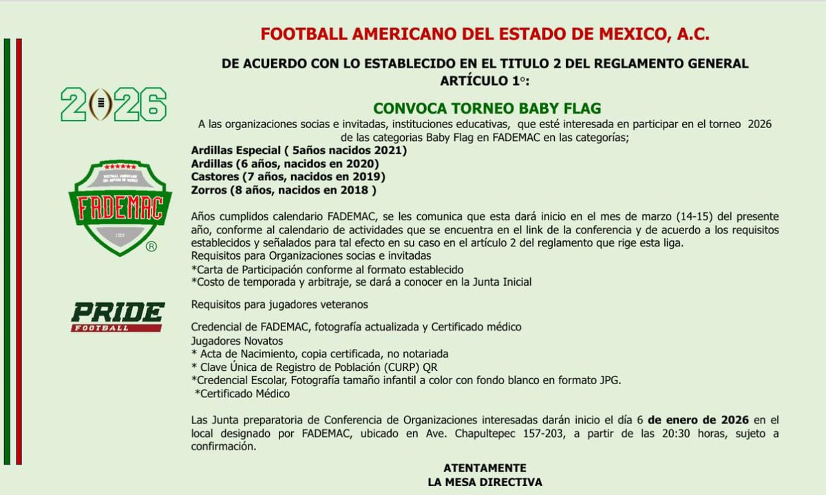 FADEMAC convoca a todos los equipos socios e invitados a su torneo de la CONFERENCIA  BABY FLAG 

INICIO DE JUNTAS
6 DE ENERO en las instalaciones de la liga