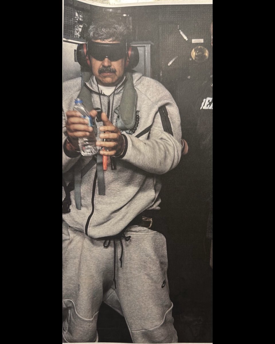 nicksortor's tweet photo. 🚨 BREAKING: President Trump just posted this photo of Nicolas Maduro aboard the USS Iwo Jima, en route to Guantanamo Bay

Dude’s blindfolded and does NOT look comfortable 🤣

This is what FAFO looks like! 🔥 https://t.co/ryAeoAs7Gg