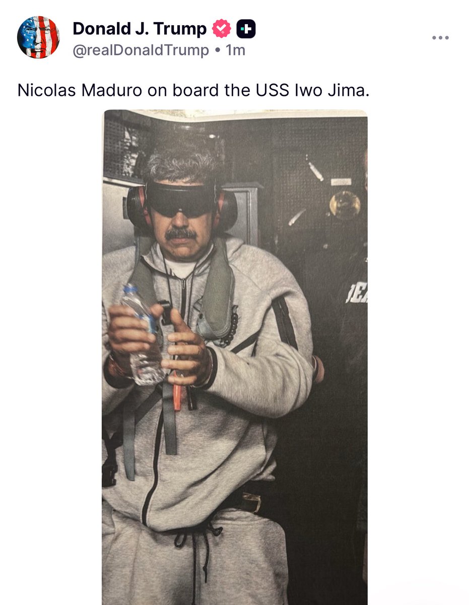 President Trump releases a photo of Maduro in US custody 👀

How much time before $MADURO token on SOL 😂
