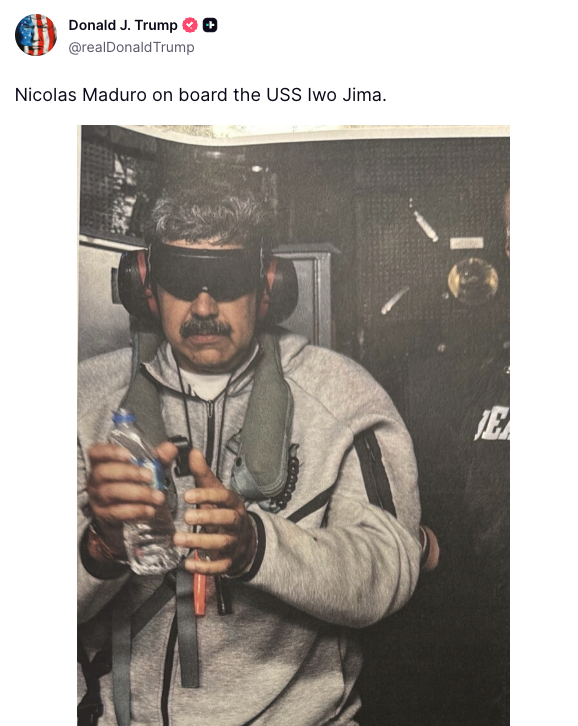 marcvidal's tweet photo. Trump acaba de publicar esto en su red social "truthsocial", sería la primera imagen real de Maduro detenido https://t.co/dVNKbYbPch