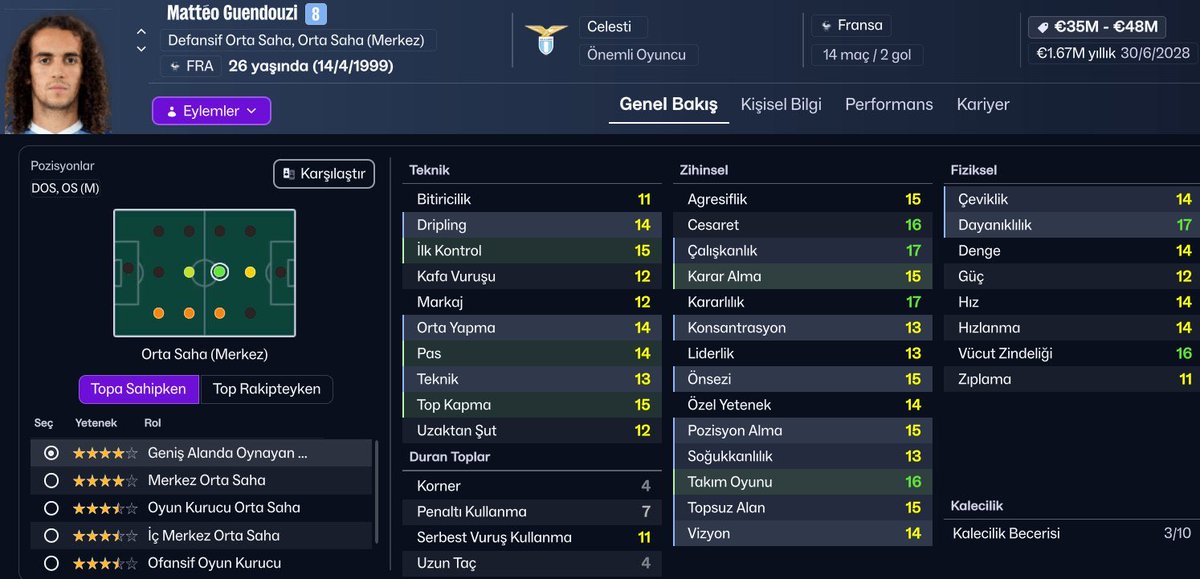 fmdozu's tweet image. 🟡🔵 Fenerbahçe'nin, 25+2 milyon Euro resmi transfer teklif yaptığı Mattéo Guendouzi'nin #FM26 profili. (CA: 152 | PA: 158) 

📰 @yagosabuncuoglu