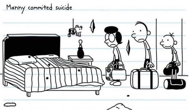 Diary of a Wimpy Kid LLBs are really funny because most authors limit themselves to splicing art from the books. imo the less they try to change the artwork the funnier it is, like this image where they use Manny being lowered through the sunroof to depict him hanging himself