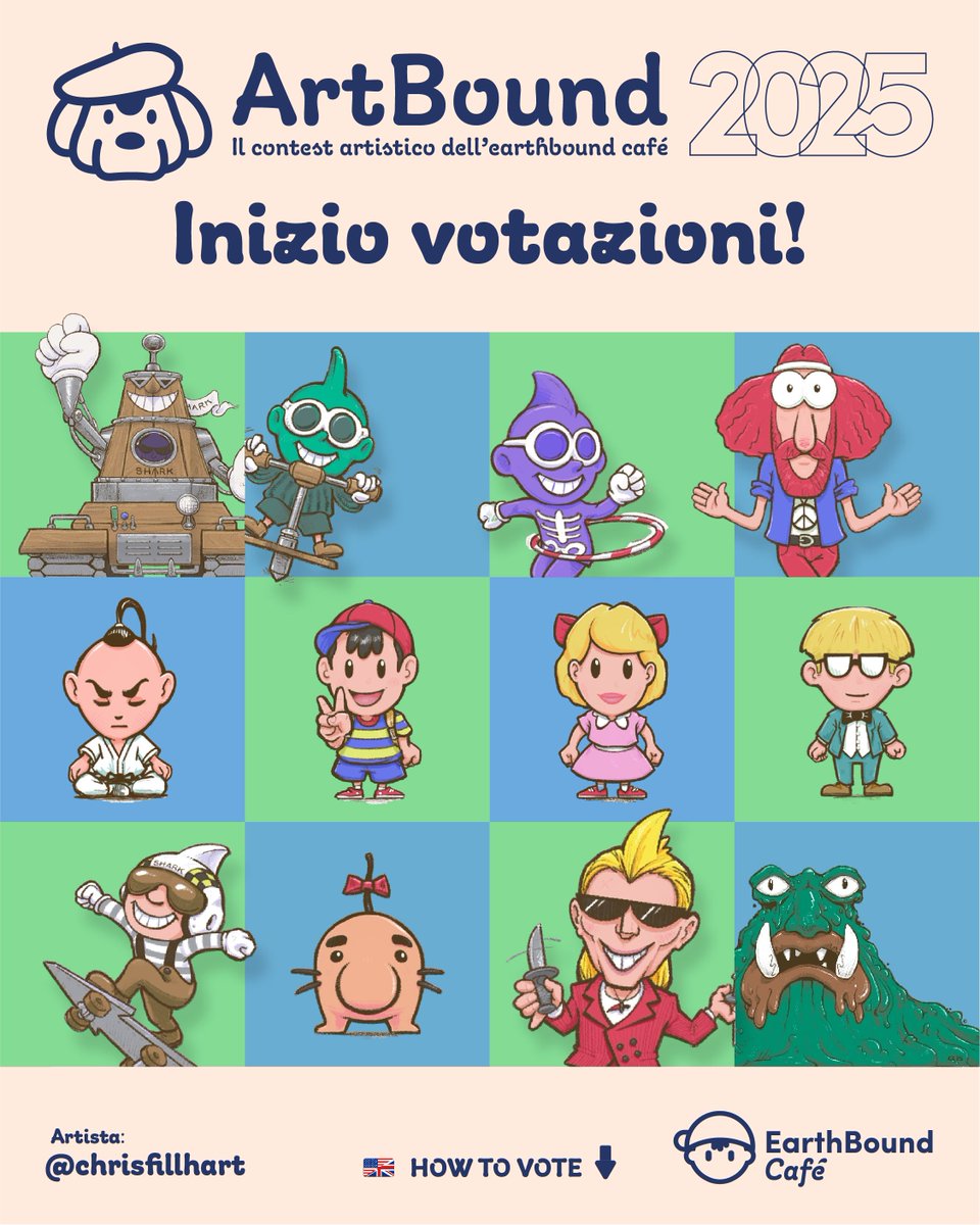 EarthBoundCafe's tweet image. 🎨 Sono aperte le votazioni di ArtBound il contest artistico dell'EarthBound Café di novembre-dicembre 2025!
Buona fortuna a tutti i partecipanti!
Form votazioni

👉 forms.gle/JS6BcsciZHZGfj…

🎨 Di @ChrisFillhart

#EarthBound #MOTHER2 #MOTHER3 #artcontest #FANART #Nintendo