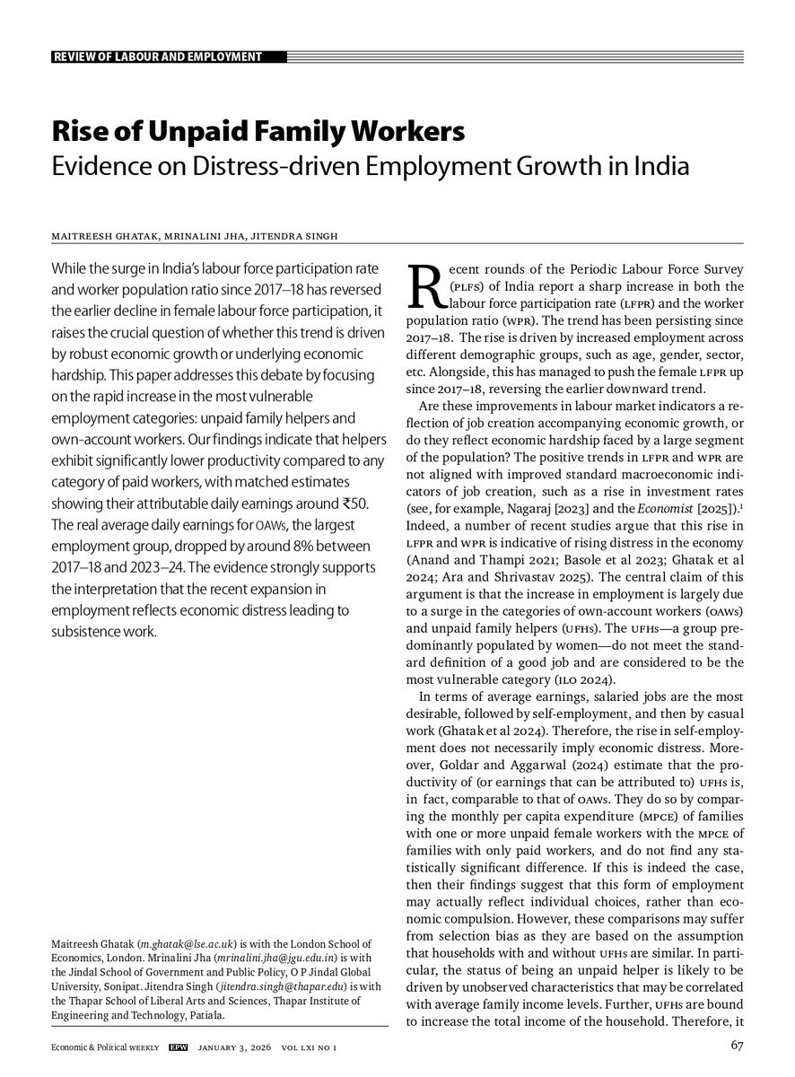 MrinaliniJha22's tweet photo. Happy start to the new year w/ a fresh article w/ @maitreesh &amp; @jitendra_econ.
While the⬆️of #unpaidfamilyworkers has been associated with #distressdriven employment, we put numbers to it, by estimating the productivity (in terms of earnings) of unpaid family helpers (UFH). 1/3 https://t.co/PHARBNrsBY