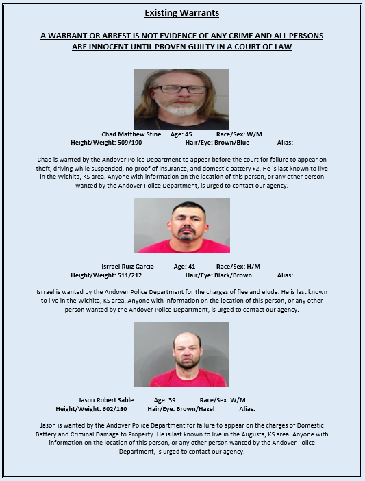 AndoverKSPD's tweet photo. Those arrested are presumed innocent until proven guilty in a court of law. Anyone with information about crimes in our area are encouraged to contact the Andover Police Department at (316) 733-5177. https://t.co/QamHnAyqdl