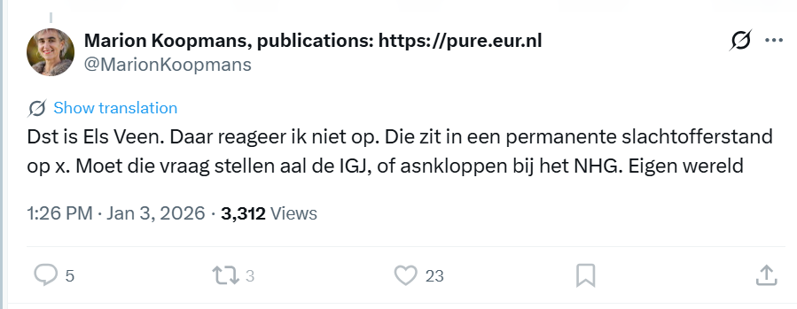 veen_els's tweet photo. Het is Els van Veen. Zelfs mijn naam schrijft Marion Koopmans niet correct. En de slachtofferrol is niets voor mij. Ik spreek me alleen kritisch uit en zal dat blijven doen. Marion Koopmans heeft me trouwens al vier jaar geblokkeerd, niet echt gedrag wat ik een hoogleraar virologie vind sieren. Over eigen wereld gesproken.
https://t.co/AiPmkWngaM