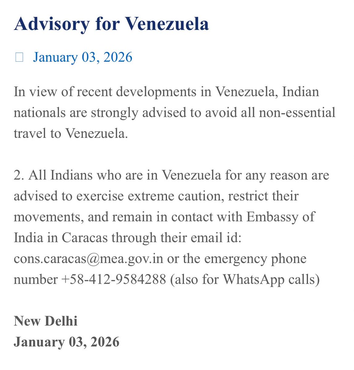Government of India advises Indians not to travel to Venezuela. 
<a href="/MEAIndia/">Randhir Jaiswal</a> #Venezuela