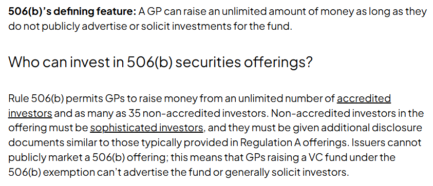 There's a difference between Reg D 506b and 506c securities offerings. 506b offerings allow for non-accredited investors to participate but the trade-off is not being able to publicly market or talk about the offering while fundraising.

carta.com/learn/private-…
