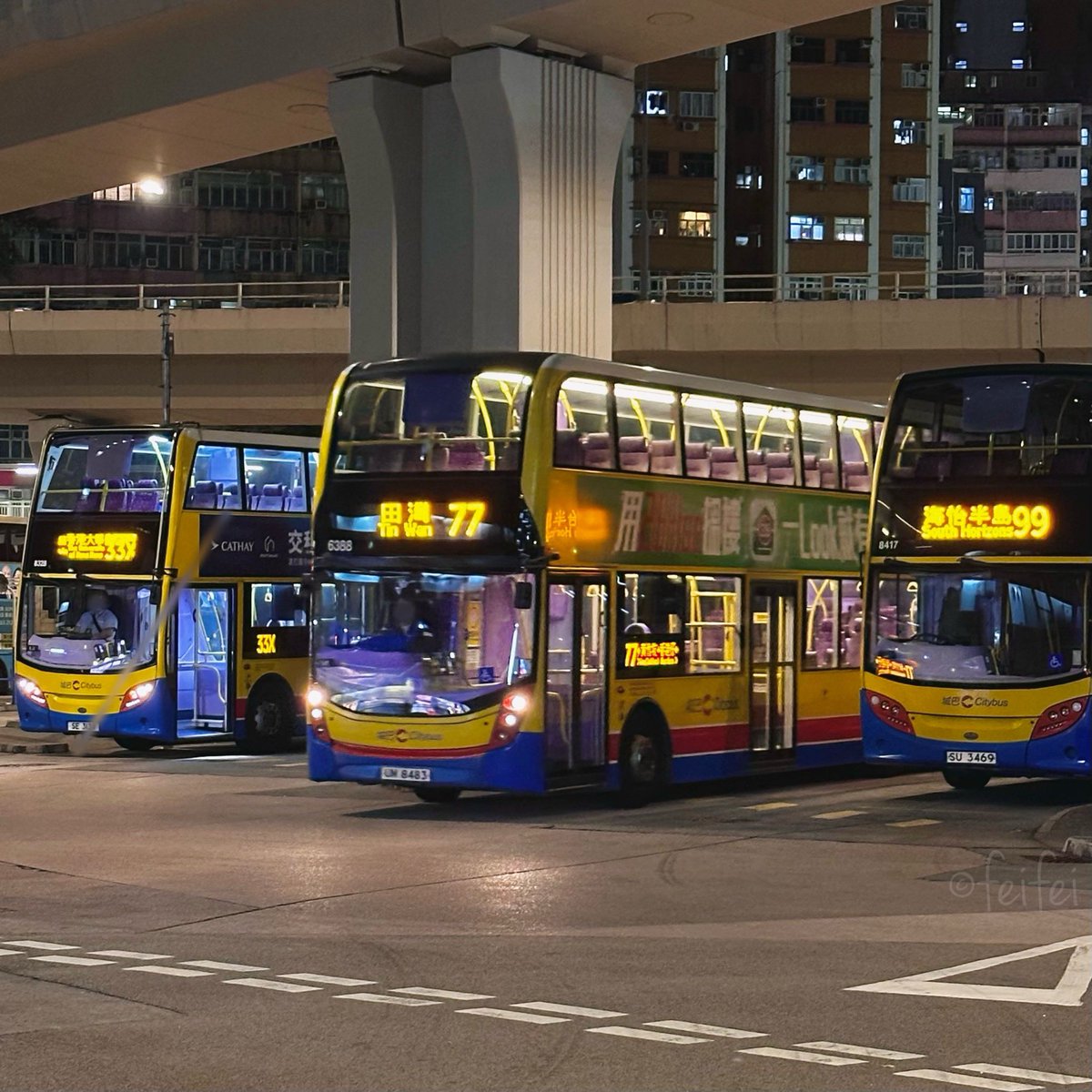 ゾロ目系統のバスが横並び、筲箕灣巴士總站🚏 左から33X 數碼港、77 田灣、99 海怡半島行き、港島南巡りに便利な路線です☺️  #香港#hongkong #肥肥之選