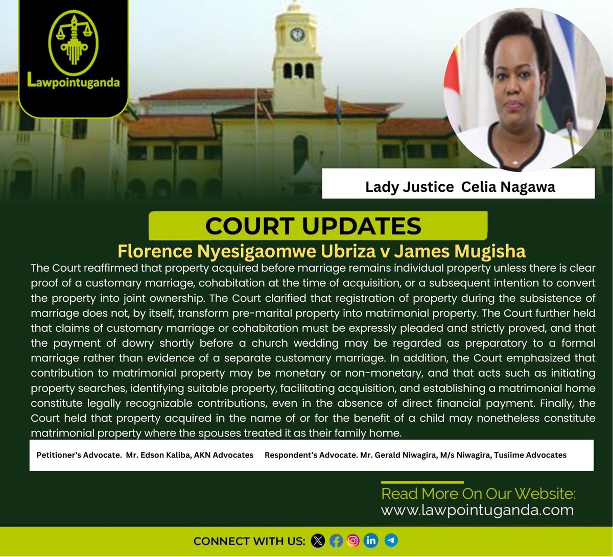 Lawpointuganda's tweet image. The Payment of Dowry Shortly Before a Church Wedding May Be Regarded as Preparatory to a Formal Marriage Rather Than Evidence of a Separate Customary Marriage, and a spouse’s efforts in "soliciting" or "identifying" a property, even if they don't pay the purchase price, can be…