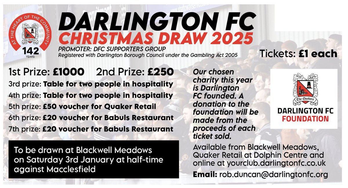 Here are the winning numbers from this year's <a href="/Official_Darlo/">Darlington FC</a> #Christmas Draw:

- 1st prize: tkt #1569 (phys)
- 2nd: tkt #421 (phys)
- 3rd: tkt #1601 (phys)
- 4th: tkt #94727 (OL)
- 5th: tkt #20319 (OL)
- 6th: tkt #86618 (OL)
- 7th: tkt #2474 (phys)

➡️ yourclub.darlingtonfc.co.uk/christmas-draw…