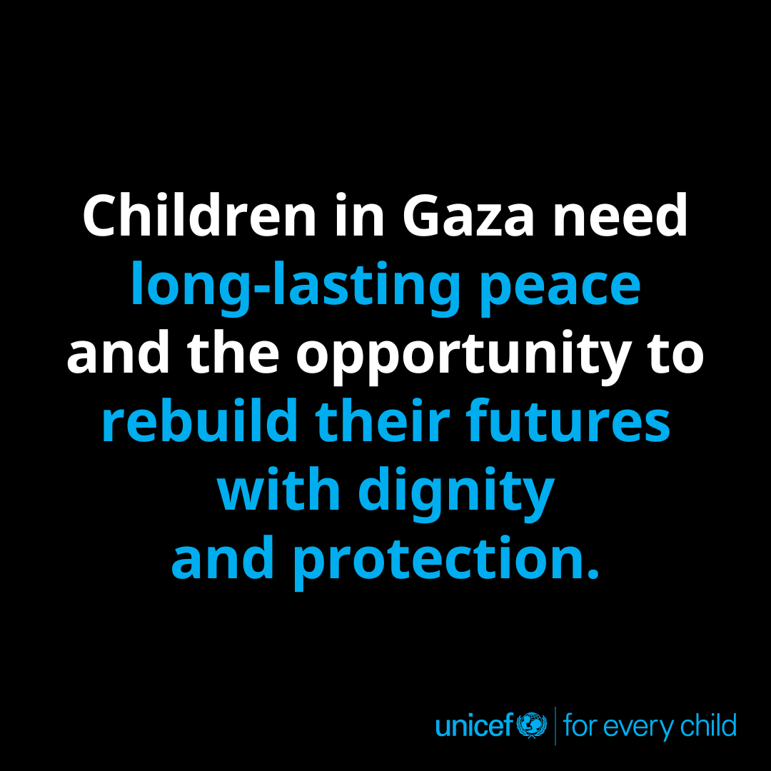UNICEF's tweet photo. UNICEF has prioritized children’s protection and essential needs amid many challenges - and we will continue to do so.

What children in Gaza really need is long-lasting peace and the opportunity to rebuild their futures with dignity and protection. https://t.co/cQnikaEjU3