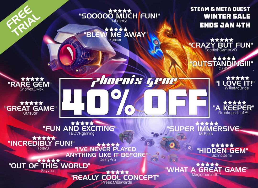 HEROmation's tweet photo. Tomorrow is the last day of the 40% off sale on both Meta Quest and Steam, so grab your copy of The Phoenix Gene VR shooter today!

#vrgaming #vrgames https://t.co/GDDUTReLT7
